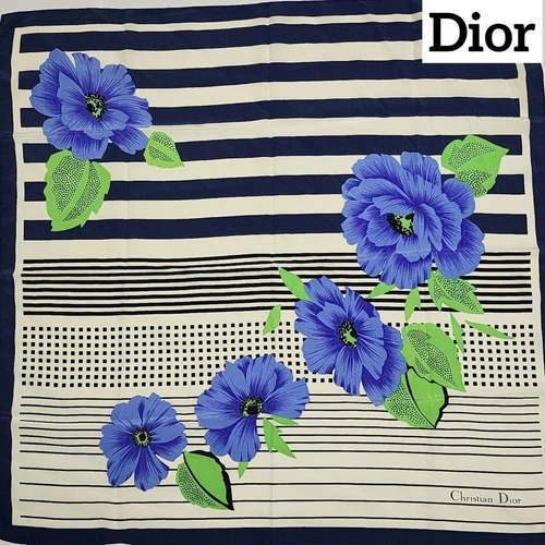 Authentique foulard Christian Dior motif rayures fleurs soie bleu marine 67 x 67 cm femme