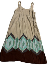 Linen Sleeveless Tank Dress Spaghetti Beach Sundress Geometric Boho Romantic M