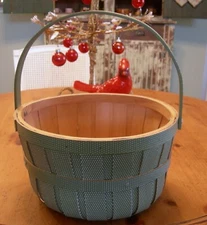 GATHERING BASKET W/ Handles Green Polka Dot Exterior Red Oak Slats