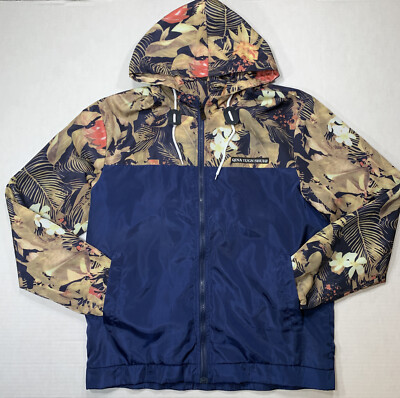 QINA YUGN SHUI@ Jacket Unisex Size Med Floral Full Zip Hooded Windbreaker Blue