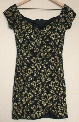 Vintage 80s 90s Mini Dress Black Gold Lace Size XS Small 0 2 4 Bodycon - Picture 2 of 4