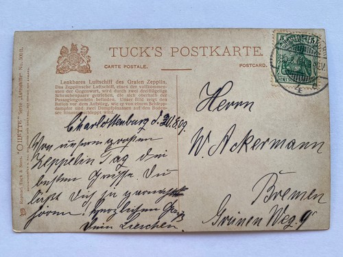 Rare Germany Aviation Airship Dirigible Hans Stovhase TUCK 1909 Postcard Zeppeli - 第 2/2 張圖片