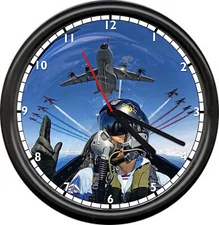 Fighter Pilot In Helmet Goggles & Breathing Device Jet Airplane Sign Wall Clock