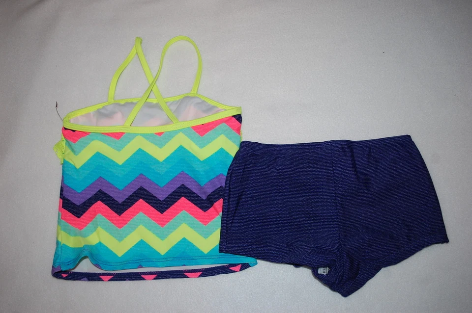 Traje de baño para niñas 2 piezas conjunto tankini azul oscuro pantalones cortos NEÓN CHEVRON volantes XS 4-5 Foto 2 de 2