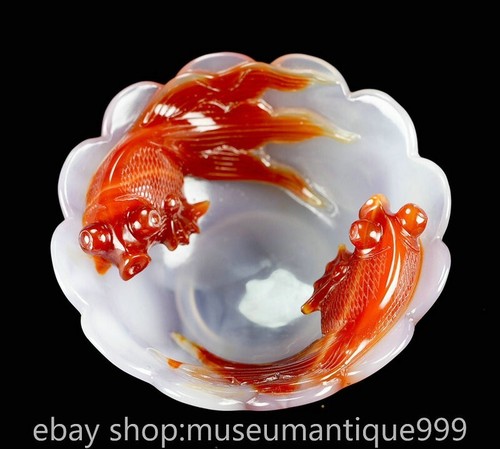 5.6" Chinese Natural Agate Carnelian Carving Double Fish Koi carp Bowl