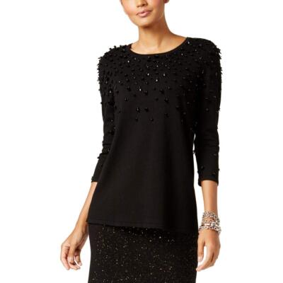 Alfani Womens Embellished Long Sleeves Pullover Sweater Black L