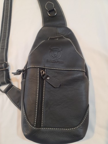 Genuine Leather Black Sling Backpack Men Shoulder Bag Chest Crossbody Bag NWOT - Picture 1 of 15