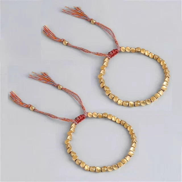 Pulsera minimalista de cuentas de oro de cobre suerte tibetana riqueza joyería boho regalo de Reiki Foto 3 de 4