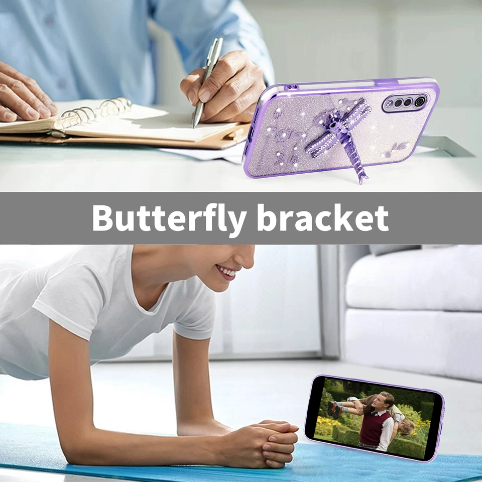 For LG Velvet, Luxury Bling Glitter Pattern Clear KickStand Soft Case Cover - Image 4 of 4