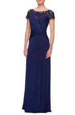 La Femme Illusion Yoke Twist Front Jersey Gown SZ 12 338 Navy
