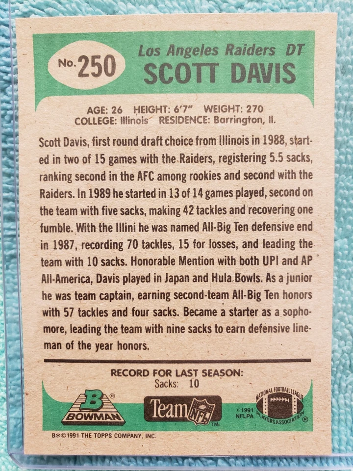 1991 BOWMAN SCOTT DAVIS #250 LOS ANGELES RAIDERS  - Image 4 of 4