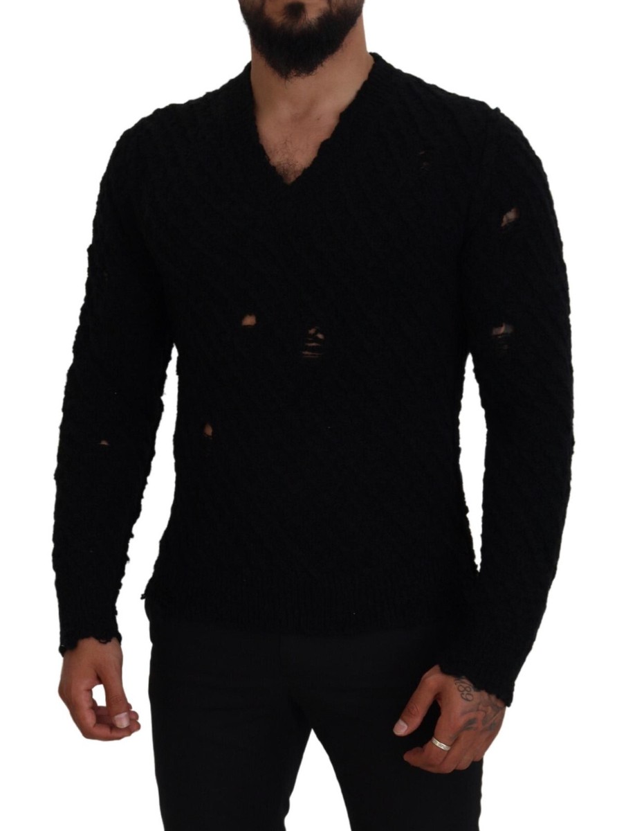 DOLCE & GABBANA Sweater Black Wool V-neck Knitted Pullover IT54