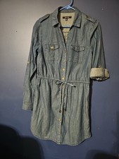New Look Blue Denim Long Sleeves Tie Waist Popover Chambray Shirt Dress Size M