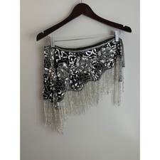 Unbranded Belly Dance Hip Scarf Women OS Silver EUC Sequin Beaded Fringe Wrap