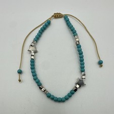 Turquoise Colored Beaded w/ Silver Tone Stars Bracelet/Anklet Adjustable 8-15”