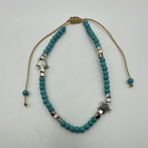 Turquoise Colored Beaded w/ Silver Tone Stars Bracelet/Anklet Adjustable 8-15”