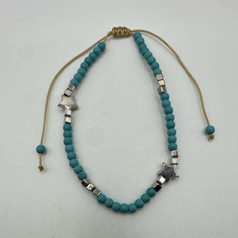 Turquoise Colored Beaded w/ Silver Tone Stars Bracelet/Anklet Adjustable 8-15”