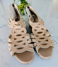 Women  s Beige Strappy Open-Toe Flat Sandals Rhinestone Glitter Zip 6.5
