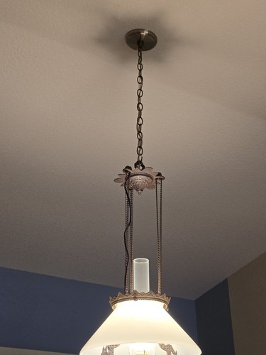 Beautiful 1870 -1871 Cast Iron Hanging Oil Lamp w Milk Glass Shade - Electrified - Picture 4 of 13