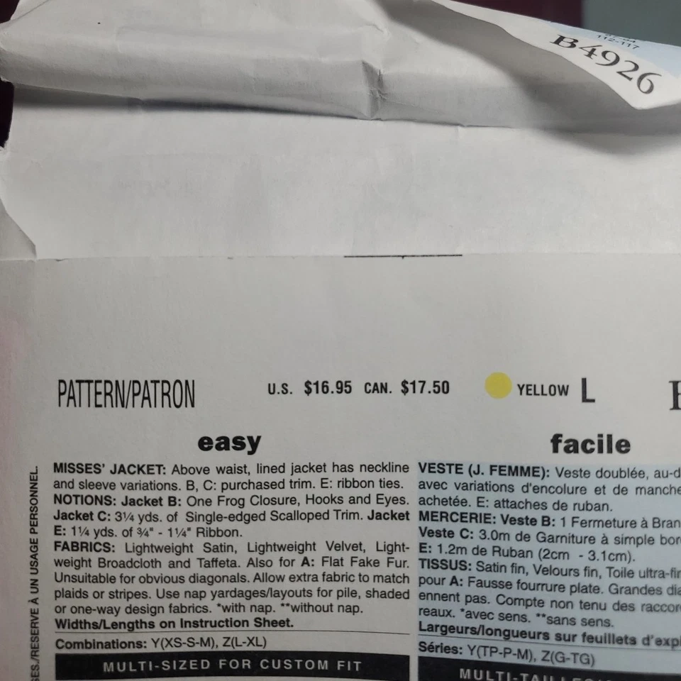 Chaqueta Pantalones Top Sin Cortar Patrón Costura Butterick B4926 Misses Talla L-XL - Ajuste Fácil Foto 4 de 4