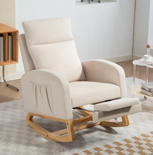 Beige Rocking Chair Recliner, Comfy Rocker Accent Reading Chair with Footrest