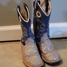 Old West Girls Glitter Embroidered Western Boots Blue Silver Square Toe 10.5