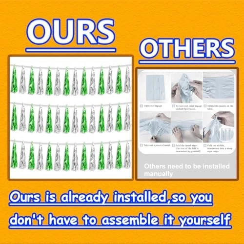 3P Metallic Fringe Tassel Banner Garland Foil Tinsel Streamer Wall Green Silver - Image 4 of 4