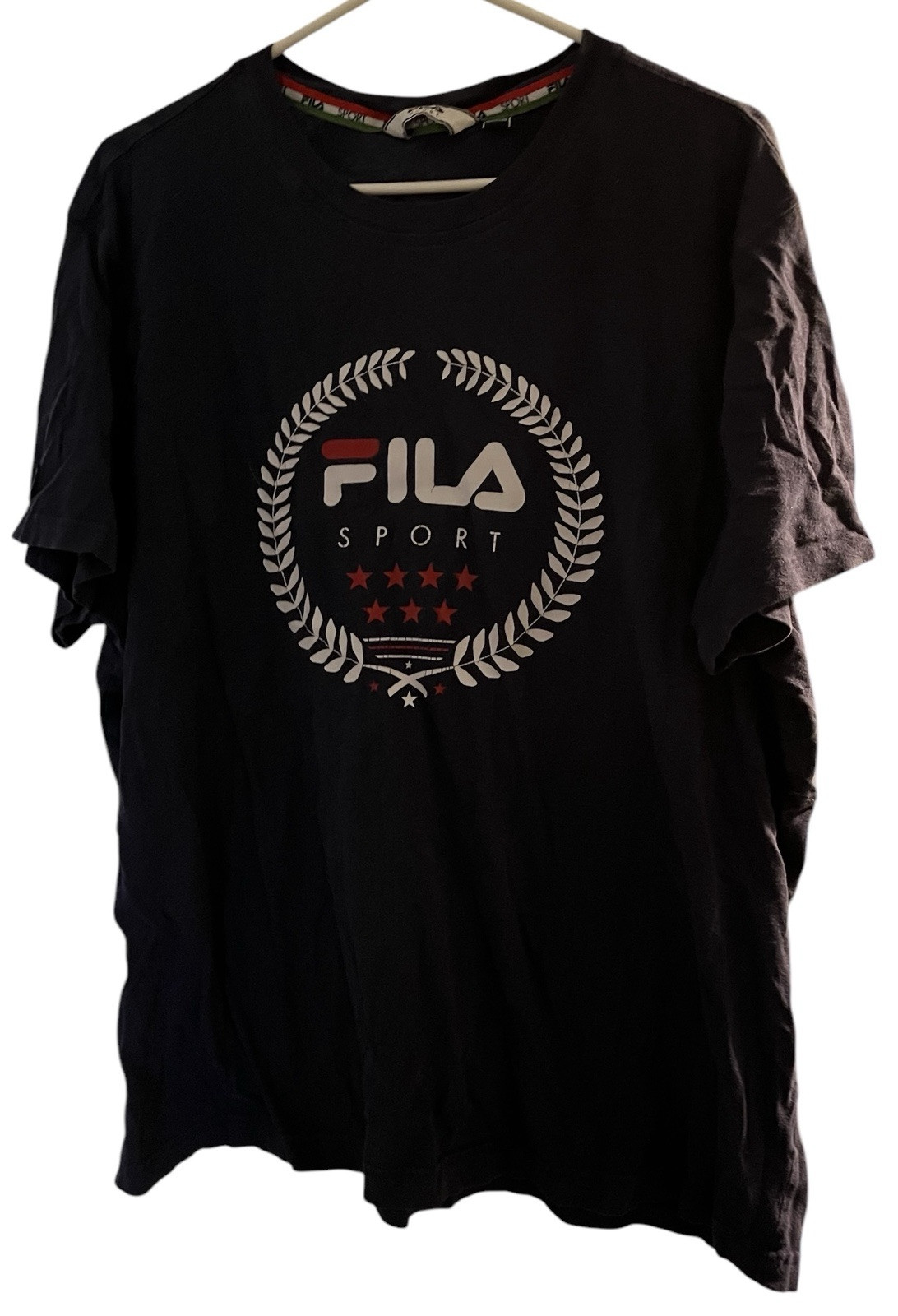 T shirt FILA Sport anni 90 logo scritto blu navy foglie e stelle cucita manica logo XL