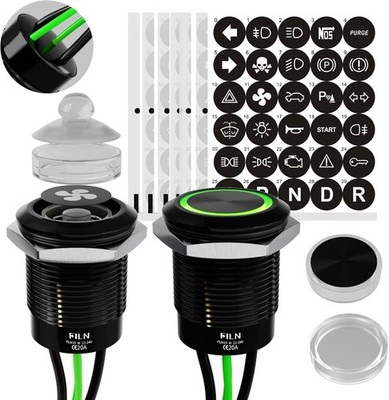 19mm Green LED Momentary Push Button Switch 12V 24V Wide Voltage 20A IP67