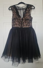 Vtg Bebe Black Lace Tulle Nude Lined Dress Fairy Ballerina Small 8 Fit and Flare