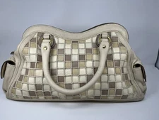 Isabella Fiore Multi Cream & Gold Checkered Pattern Leather Satchel Handbag