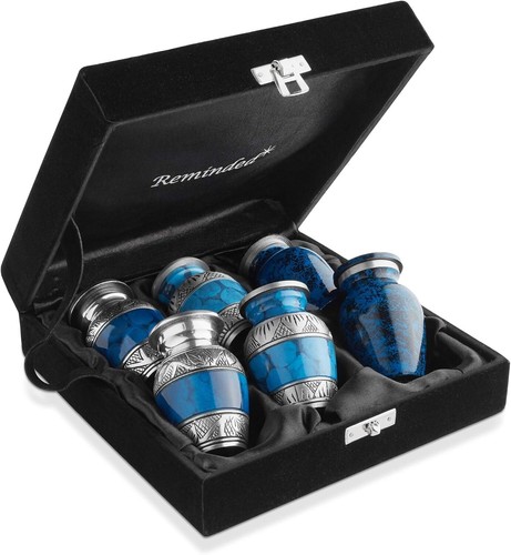 Reminded Small Cremation Urns for Human Ashes, Mini Keepsake Set of 6 Blue