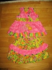 Elebini Girls Pink Green Sleeveless Ruffles Top and Skirt 100 Cotton Size 5
