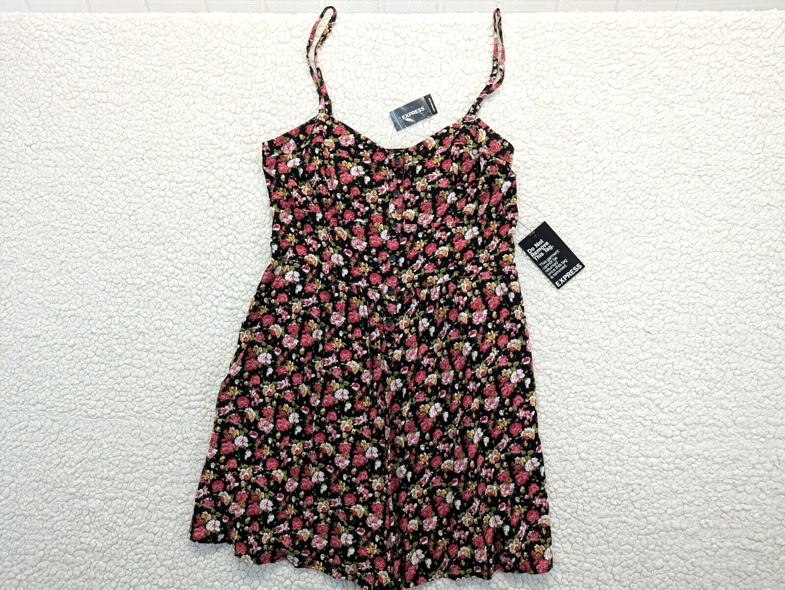 Express Romper Womens Size Small Black Floral Sweetheart Button Front Pocket NEW-image