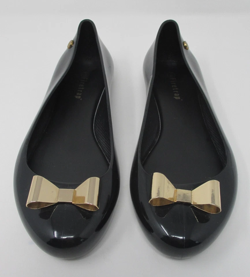 Bailarinas planas Firetrap talla 7 (40) gelatina negra sin cordones con lazos dorados Foto 3 de 4