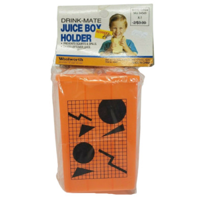VINTAGE WOOLWORTH DRINK-MATE JUICE BOX HOLDER ORANGE CIRCLES PLASTIC IN PACKAGE
