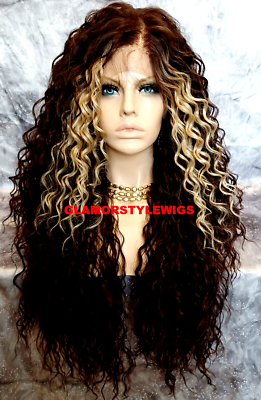 FREE PART LACE FRONT WIG LONG LAYERED CURLY BROWN CARAMEL  display picture 1