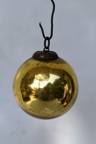 Antique Kugel Ornaments Golden Mercury Christmas Ball Brass Cap X-Mass Tree"F343