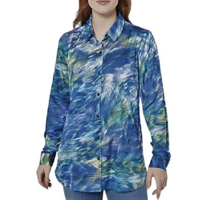 Susan Graver Stretch Button Shirt 3X Charmeuse Blue Lagoon Liquid Knit Pockets