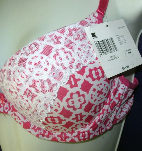 34B Jaclyn Smith Plunge Bra padded underwire lace 4267 pink white print 34 B New - Picture 2 of 3