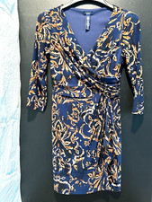 Chaps Womens Faux Wrap Dress size small Navy Blue Abstract Print classic STRETCH