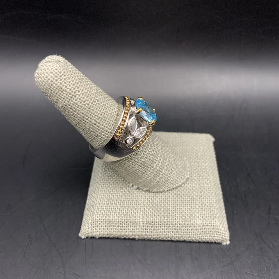 Anillo Floral Dos Tonos Talla 8 Piedra Vidrio Azul Plata Tono Dorado Trabajo Abierto Grueso Foto 3 de 4