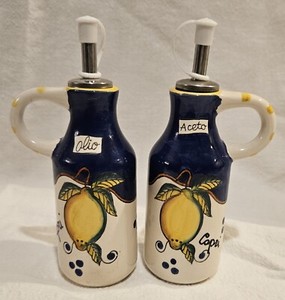Vintage Cruet Set With Florentine Lemon On White & Navy Blue Background 6.75" H