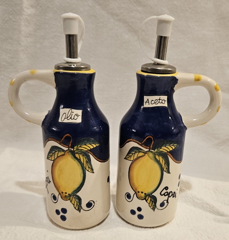 Vintage Cruet Set With Florentine Lemon On White & Navy Blue Background 6.75" H