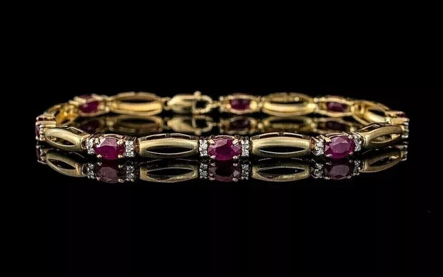 7CT Oval Lab-Created Pink Ruby Tennis Bracelet in 14K Yellow Gold