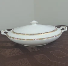 Vintage National China Company Oval Covered Vegetable Dish Gold Trim Pink Roses