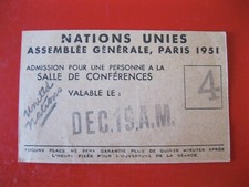VINTAGE UNITED NATIONS TICKET STUB~GENERAL ASSEMBLY PARIS DEC 1951