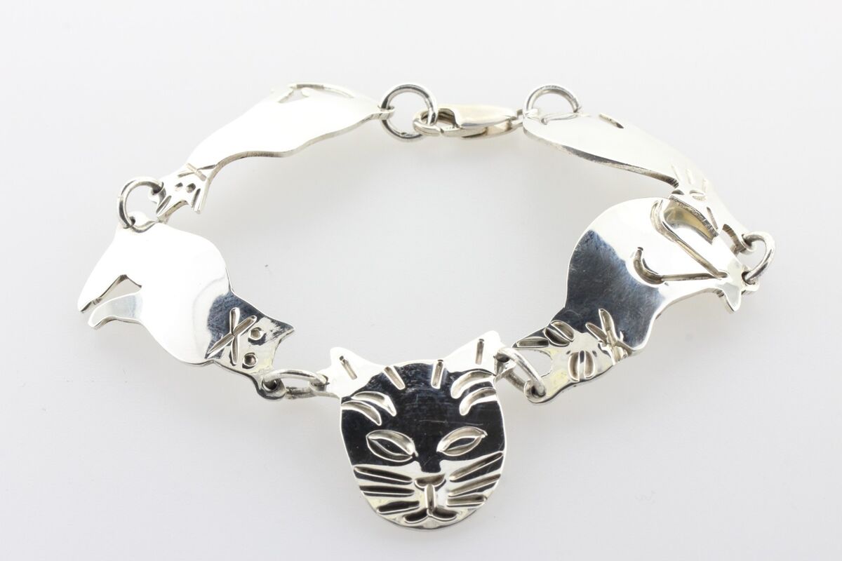 シルバー925  Cat Plate Bracelet Calico TJ-48 Mexico Sterling Silver 925 Sitting Kitten Cat Faces
