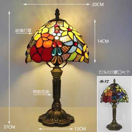 Vintage Tiffany Style Rose Stained Glass 8” Table Lamp with Colorful Glass Shade