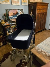 Vintage Navy Blue Emmaljunga Baby Pram Stroller Carriage - Chrome Frame & Large 